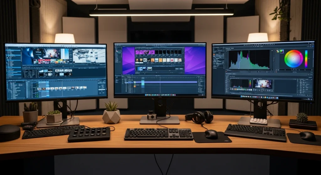 Drei professionelle Schnittplatz-Workstations mit Avid Premiere und DaVinci im Postproduktionsstudio Berlin