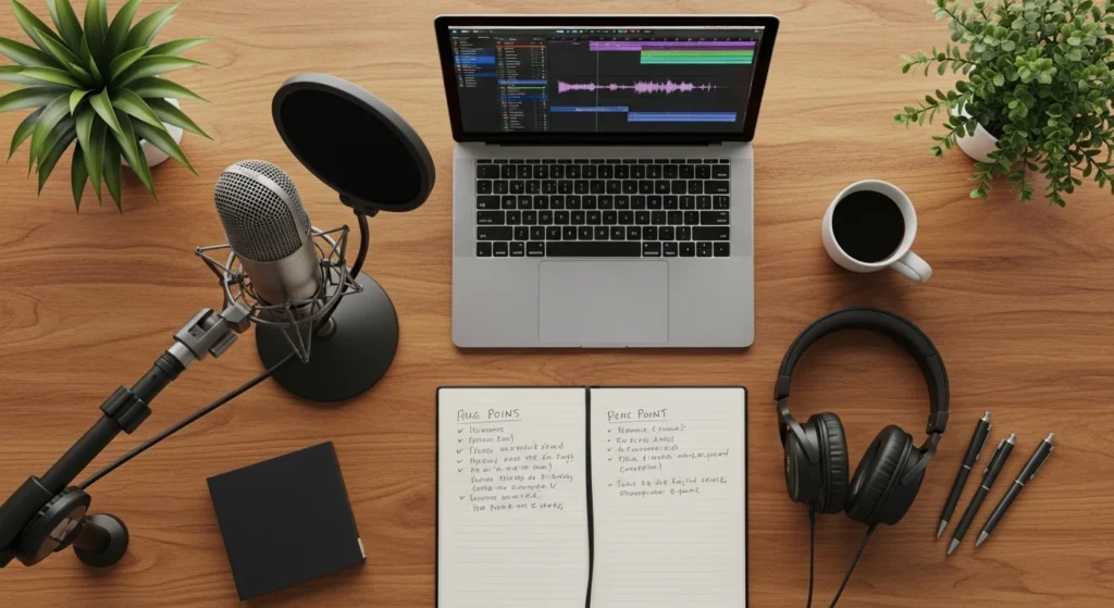 Vorbereitung einer Podcast-Aufnahme mit Mikrofon Checkliste Kopfhoerern und MacBook