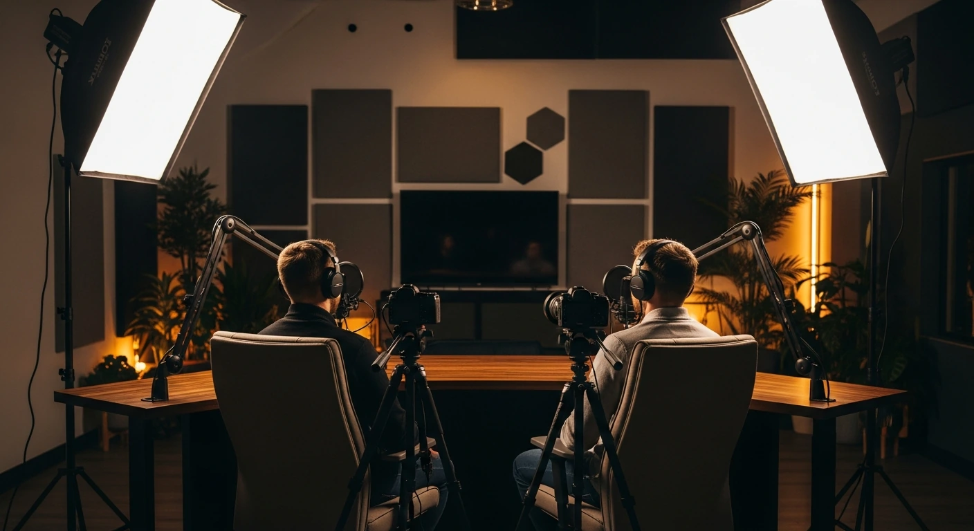 Zwei-Personen-Video-Podcast-Setup mit Kameras Mikrofonen und Akustikpanels