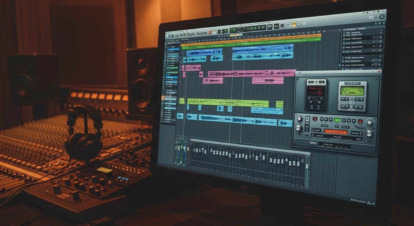 Pro Tools Session mit Mehrspuraufnahme auf Studio-Monitor Pro Tools Session mit Mehrspuraufnahme auf Studio-Monitor