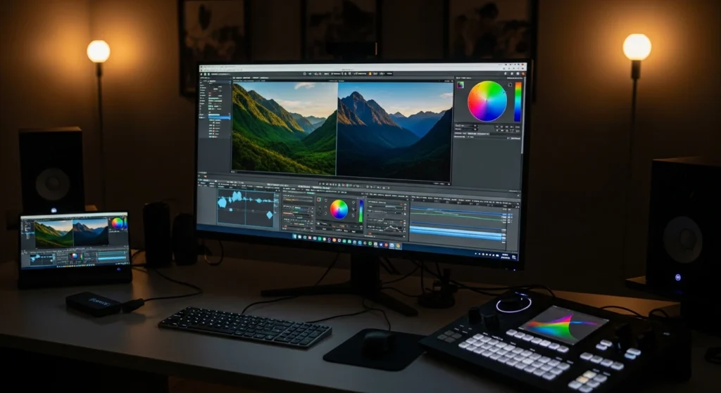 Color-Grading-Suite mit ultrawide Monitor DaVinci Resolve Color Wheels und Grading-Panel