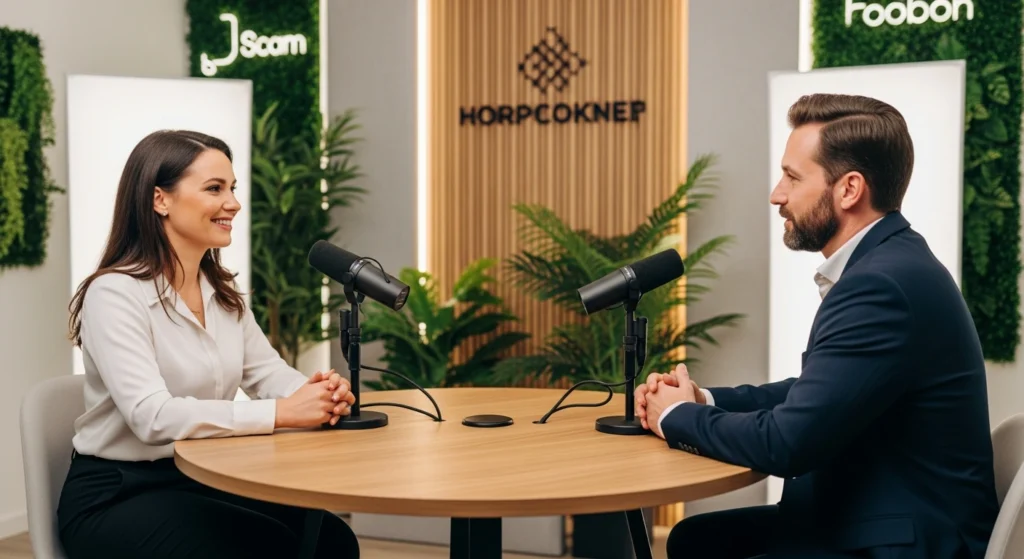 Modernes Corporate Podcast Recording mit zwei Business-Personen und Mikrofonen am runden Tisch