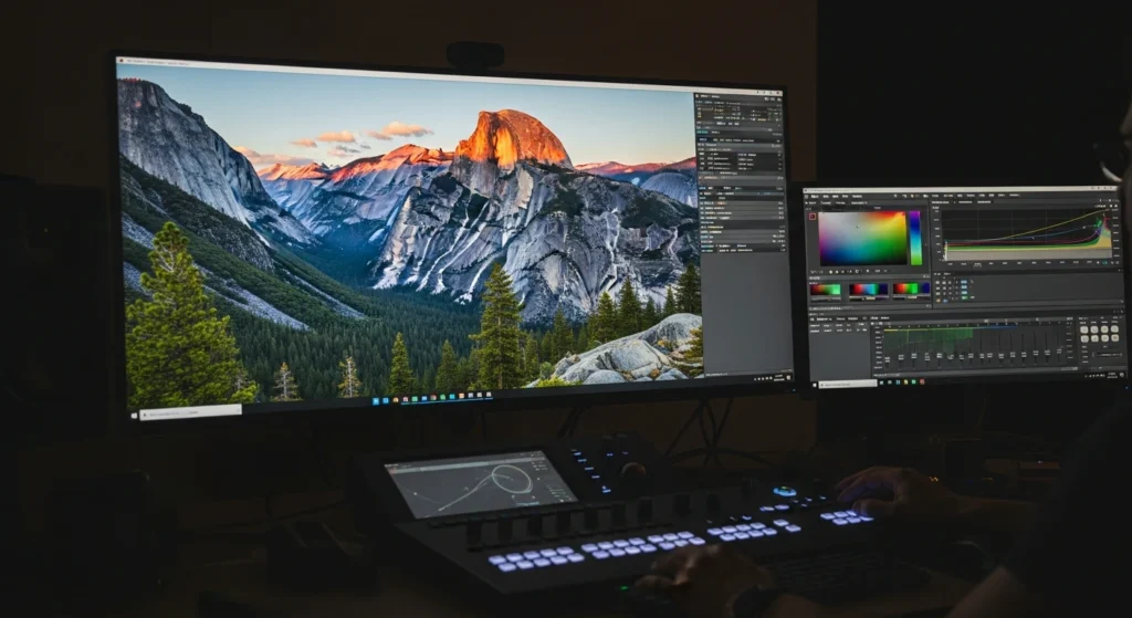 Colorist bearbeitet Dokumentarfilmmaterial am Color-Grading-Monitor mit Control Surface