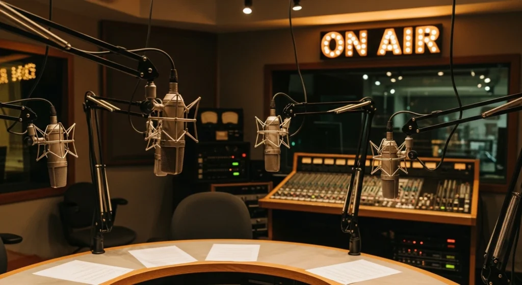 Professionelles Broadcast-Radio-Studio mit mehreren Mikrofonen und On-Air-Schild