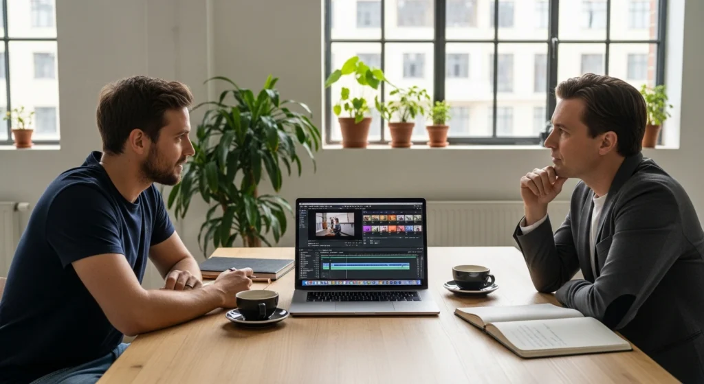 Besprechung zwischen Video-Cutter und Kundin am Schnittplatz mit Laptop und Notizen