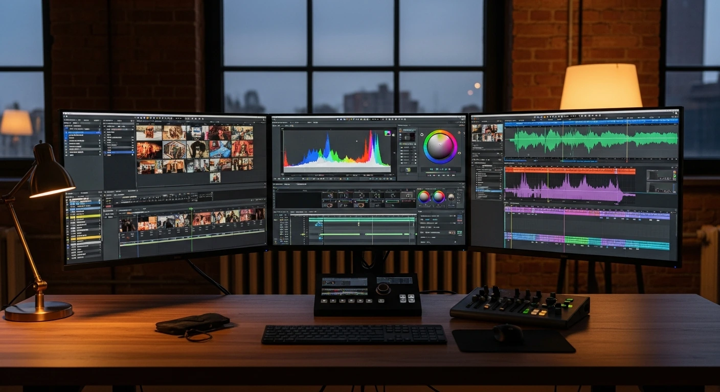 Professioneller Schnittplatz mit mehreren Monitoren fuer Avid, Premiere und DaVinci Resolve