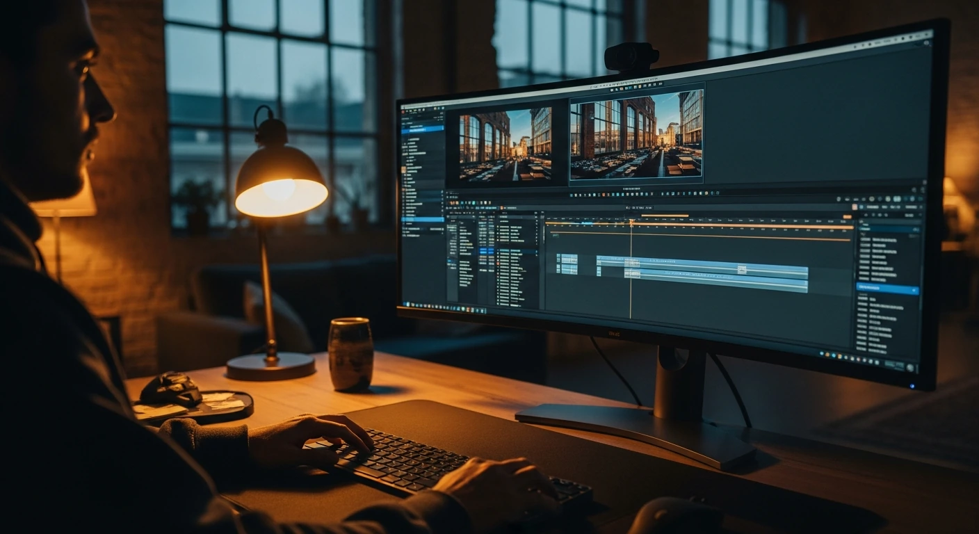 Videoeditor am Schnittplatz mit Timeline auf dem Monitor in abendlicher Atmosphaere